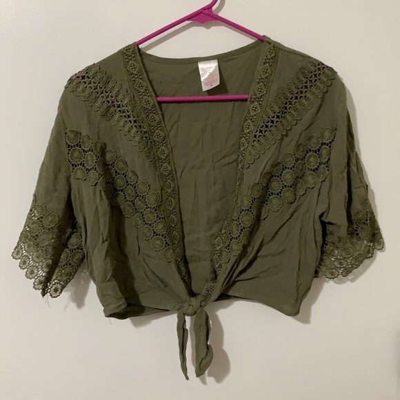 No Boundaries Tops - No Boundaries Cropped Crochet Front Tie Bohemian Shirt